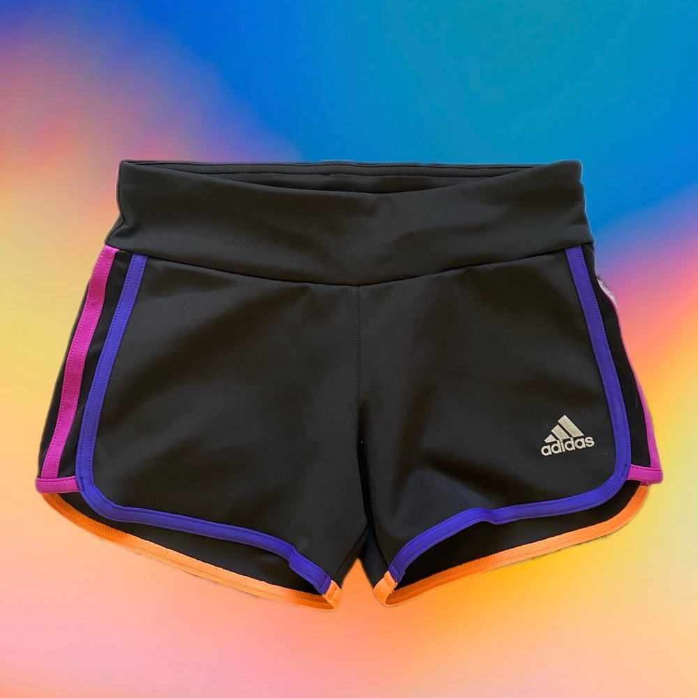 Adidas Women's Black Track Shorts with Purple and Orange Accents
